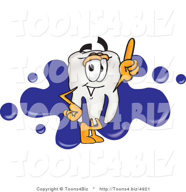 Vector Illustration of a Cartoon Tooth Mascot Pointing up and Standing in Front of a Blue Paint Splatter on a Business Logo