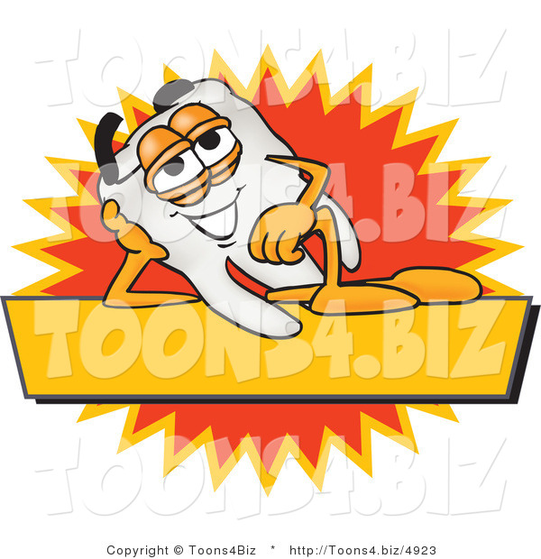 Vector Illustration of a Cartoon Tooth Mascot Reclining on a Yellow and Orange Business Label