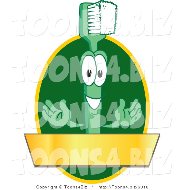 Vector Illustration of a Cartoon Toothbrush Logo Mascot with a Gold Banner on a Green Oval