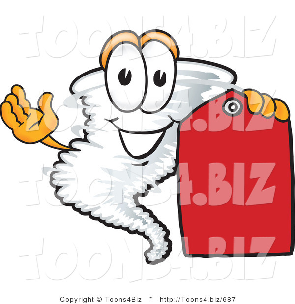 Vector Illustration of a Cartoon Tornado Mascot Holding a Blank Red Sales Price Tag