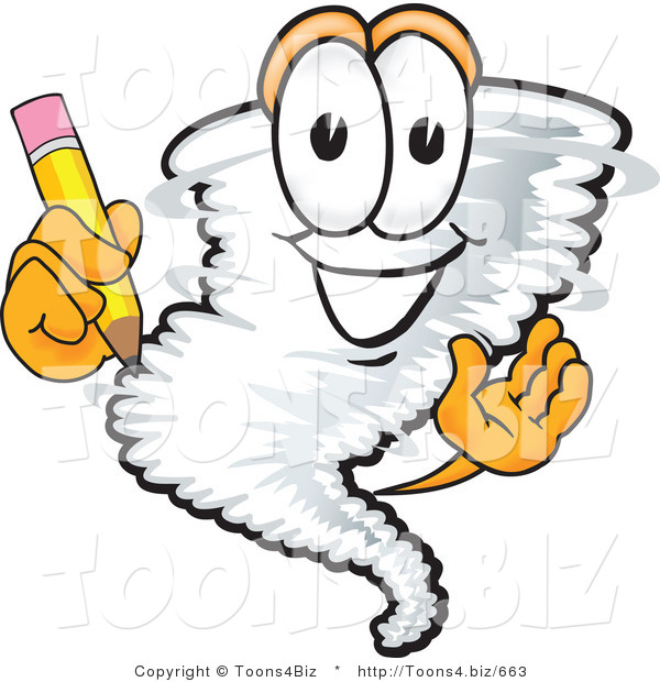 Vector Illustration of a Cartoon Tornado Mascot Holding a Pencil