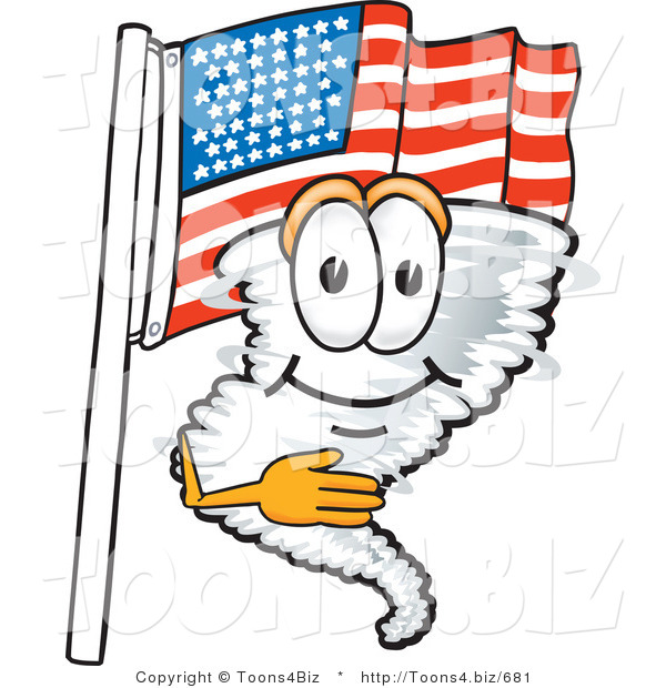 Vector Illustration of a Cartoon Tornado Mascot Pledging Allegiance to an American Flag