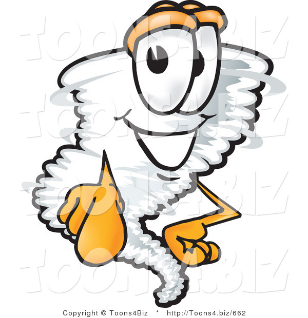 Vector Illustration of a Cartoon Tornado Mascot Pointing Outwards at the Viewer