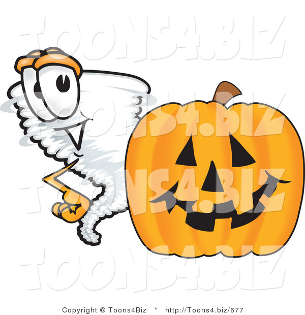 Vector Illustration of a Cartoon Tornado Mascot Standing by a Halloween Pumpkin