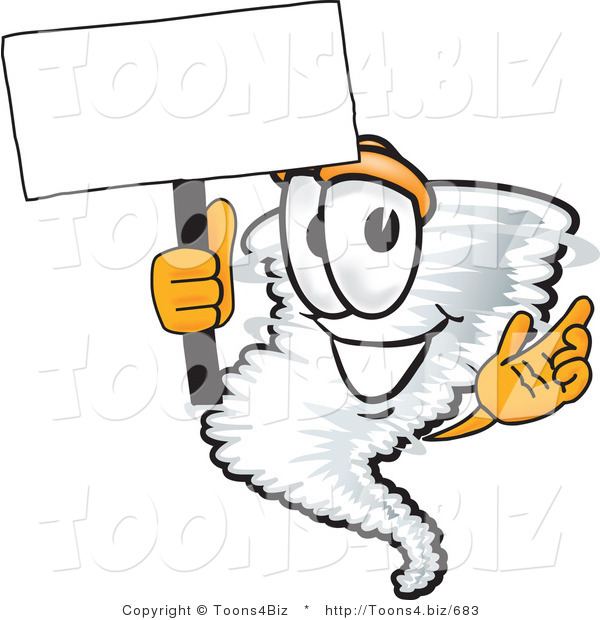 Vector Illustration of a Cartoon Tornado Mascot Waving a Blank White Sign