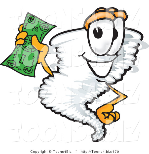 Vector Illustration of a Cartoon Tornado Mascot Waving a Green Dollar Bill