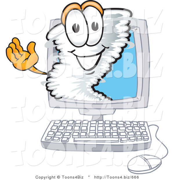 Vector Illustration of a Cartoon Tornado Mascot Waving from Inside a Computer Screen