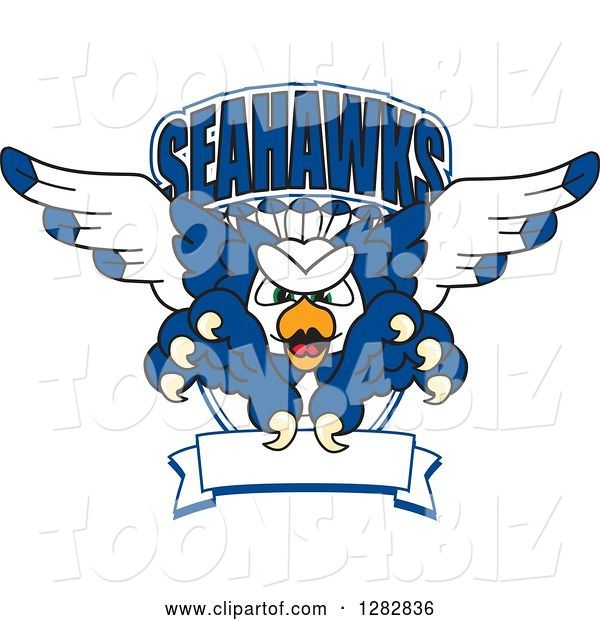 Vector Illustration of a Cartoon Tough Seahawk Mascot Flying with Claws Extended, out of a Shield with Text and a Blank Banner