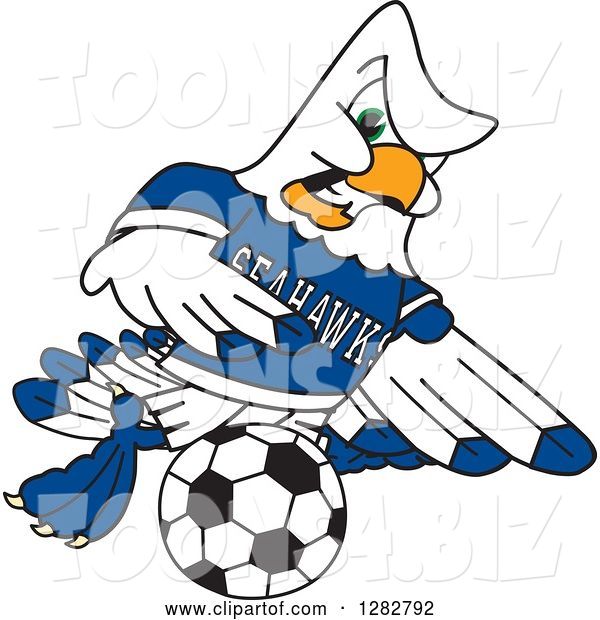 Vector Illustration of a Cartoon Tough Seahawk Sports Mascot Playing Soccer