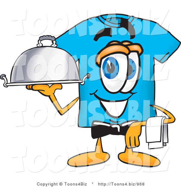 Vector Illustration of a Cartoon T-Shirt Mascot Dressed As a Waiter and Holding a Serving Platter