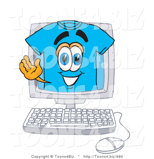 Vector Illustration of a Cartoon T-Shirt Mascot Waving from Inside a Computer Screen