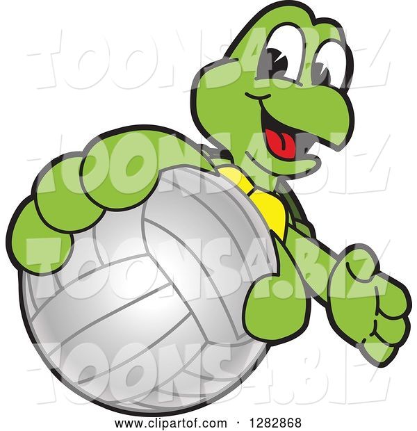 Vector Illustration of a Cartoon Turtle Mascot Catching or Holding out a Volleyball