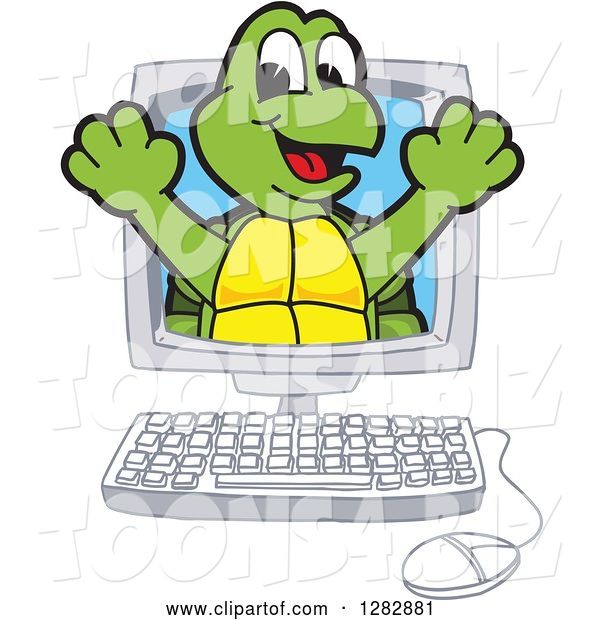 Vector Illustration of a Cartoon Turtle Mascot Emerging from a Desktop Computer Screen