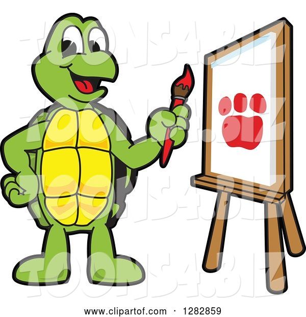 Vector Illustration of a Cartoon Turtle Mascot Painting a Paw Print on an Art Canvas