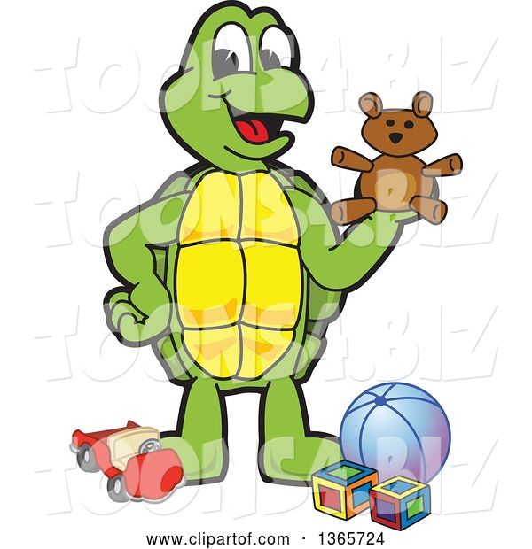 Vector Illustration of a Cartoon Turtle Mascot Playing with Toys