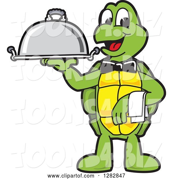 Vector Illustration of a Cartoon Turtle Mascot Waiter Holding a Cloche Platter