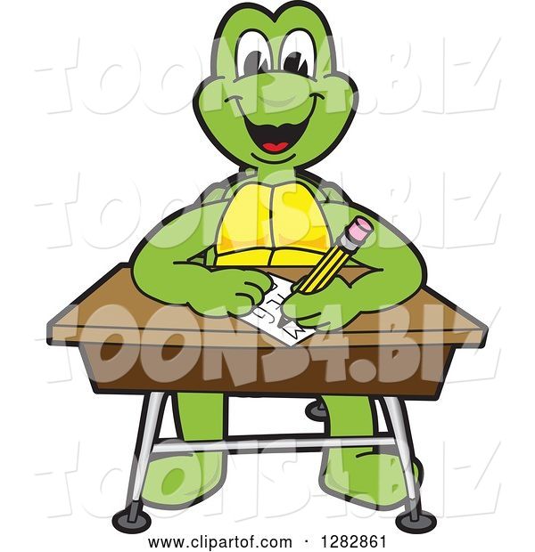 Vector Illustration of a Cartoon Turtle Mascot Writing at a Desk