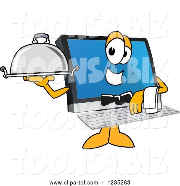 Vector Illustration of a Cartoon Waiter PC Computer Mascot