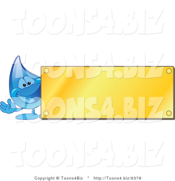 Vector Illustration of a Cartoon Water Drop Mascot by a Blank Gold Plaque