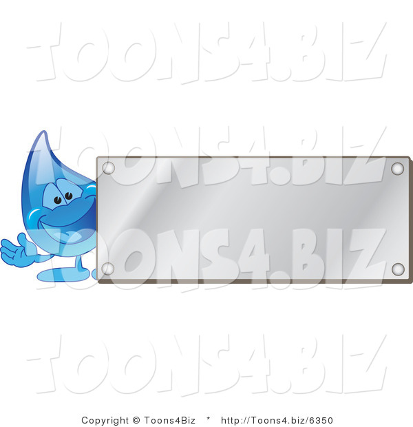 Vector Illustration of a Cartoon Water Drop Mascot by a Blank Silver Plaque