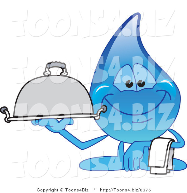 Vector Illustration of a Cartoon Water Drop Mascot Carrying a Food Platter