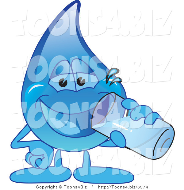 Vector Illustration of a Cartoon Water Drop Mascot Drinking a Glass of Water