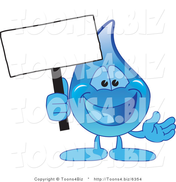 Vector Illustration of a Cartoon Water Drop Mascot Holding a Blank Sign Post