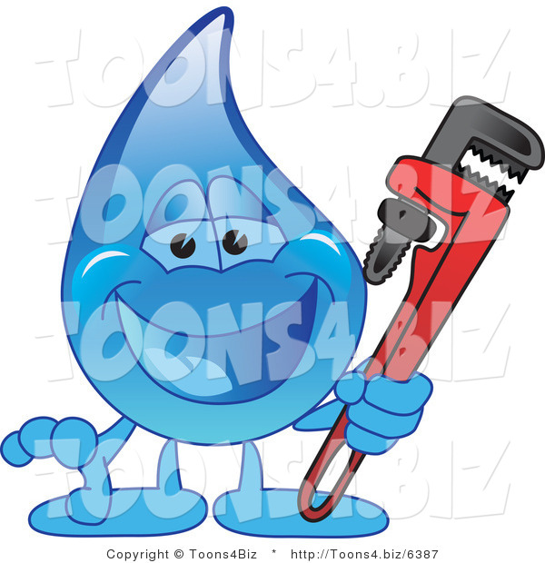 Vector Illustration of a Cartoon Water Drop Mascot Holding a Monkey Wrench