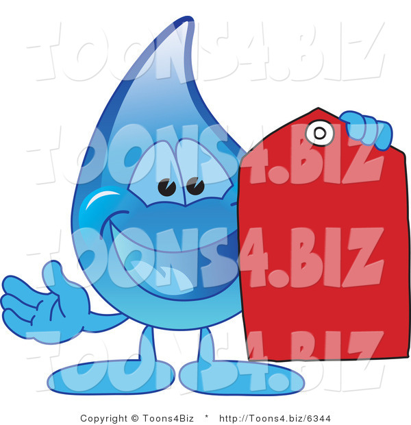 Vector Illustration of a Cartoon Water Drop Mascot Holding a Red Price Tag