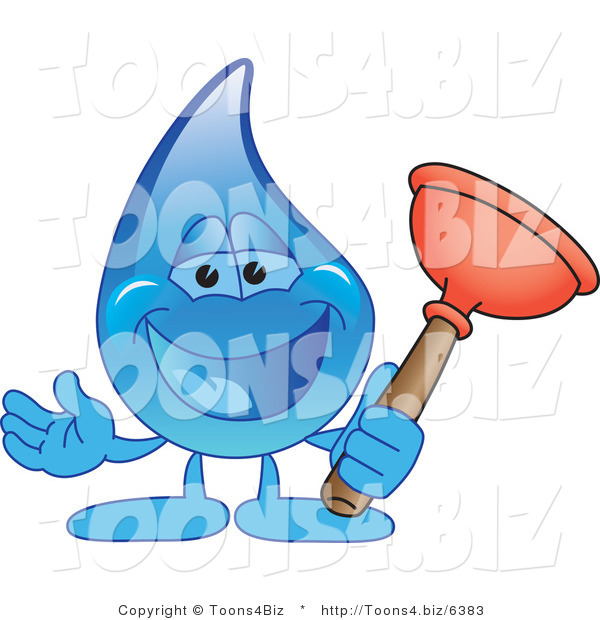 Vector Illustration of a Cartoon Water Drop Mascot Holding a Toilet Plunger