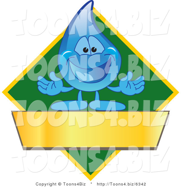 Vector Illustration of a Cartoon Water Drop Mascot Logo with a Green Diamond and a Blank Gold Banner