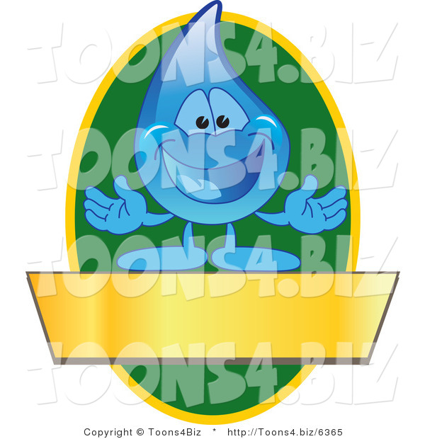 Vector Illustration of a Cartoon Water Drop Mascot Logo with a Green Oval and a Blank Gold Banner