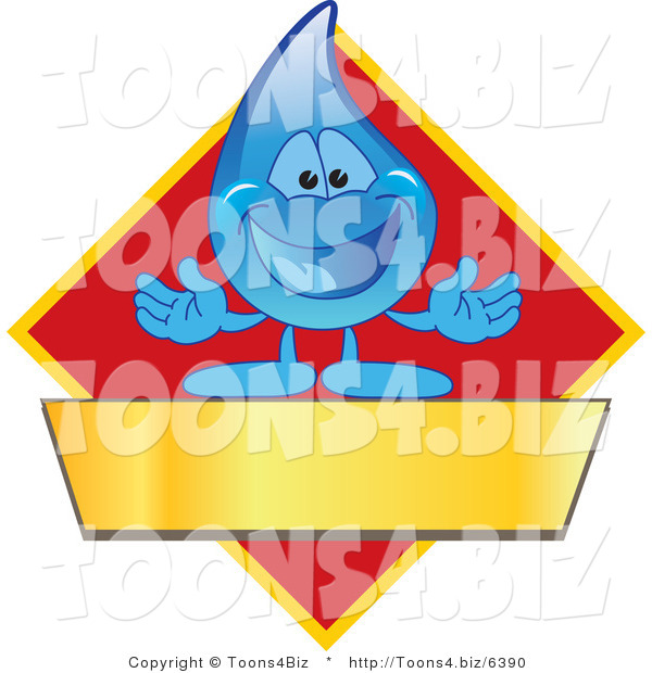 Vector Illustration of a Cartoon Water Drop Mascot Logo with a Red Diamond and a Blank Gold Banner