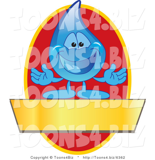Vector Illustration of a Cartoon Water Drop Mascot Logo with a Red Oval and a Blank Gold Banner