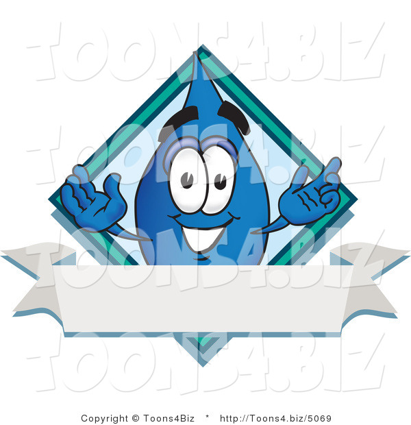 Vector Illustration of a Cartoon Water Drop Mascot over a Blank Banner on a Logo