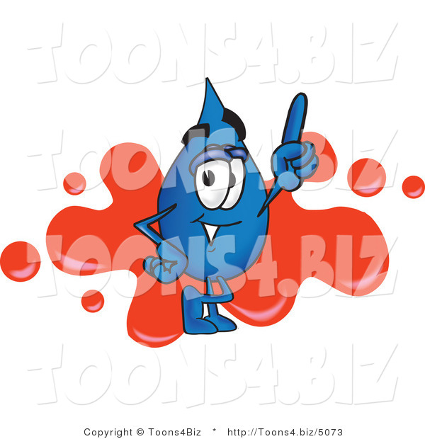 Vector Illustration of a Cartoon Water Drop Mascot Pointing up and Standing in Front of a Red Paint Splatter on a Business Logo