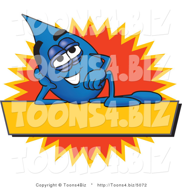 Vector Illustration of a Cartoon Water Drop Mascot Reclining over a Yellow Banner with an Orange Burst