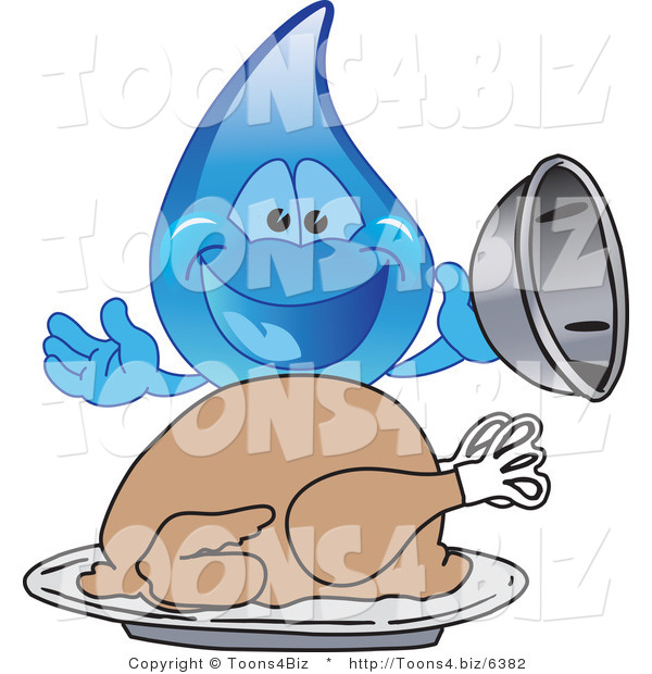 Vector Illustration of a Cartoon Water Drop Mascot Serving a Thanksgiving Turkey