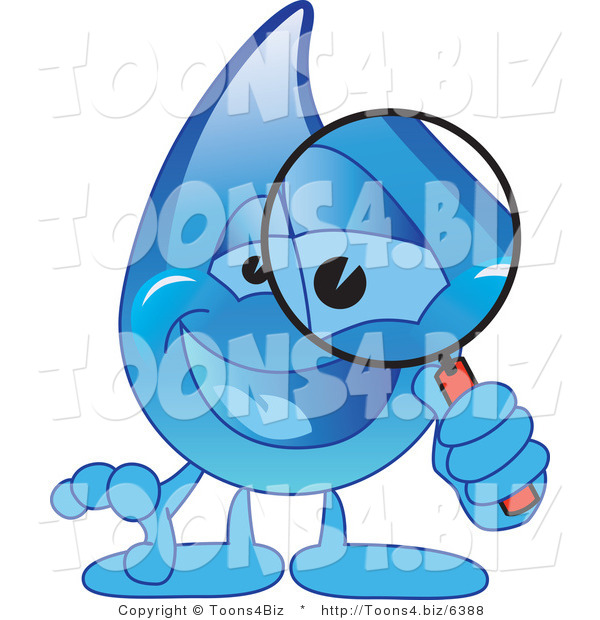 Vector Illustration of a Cartoon Water Drop Mascot Using a Magnifying Glass