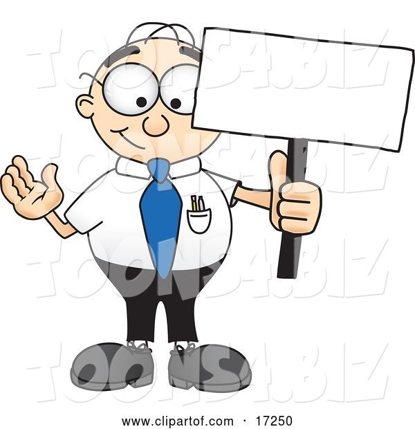 Vector Illustration of a Cartoon White Businessman Nerd Mascot Holding a Blank Sign