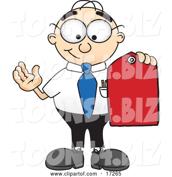 Vector Illustration of a Cartoon White Businessman Nerd Mascot Holding a Red Sales Price Tag