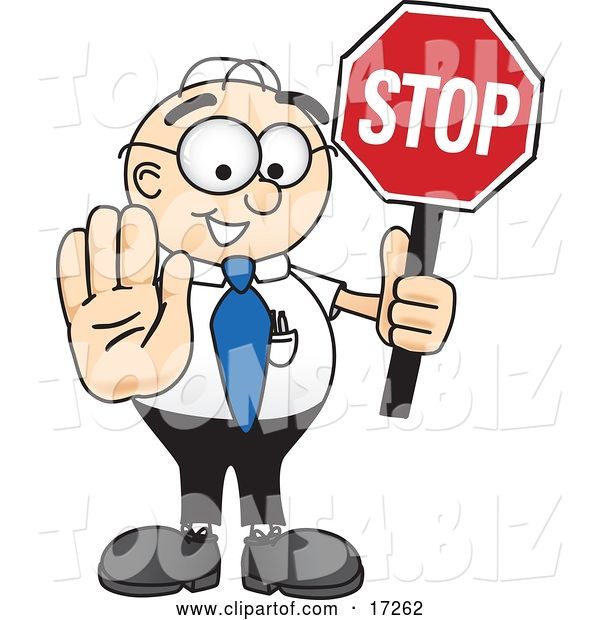 Vector Illustration of a Cartoon White Businessman Nerd Mascot Holding a Stop Sign