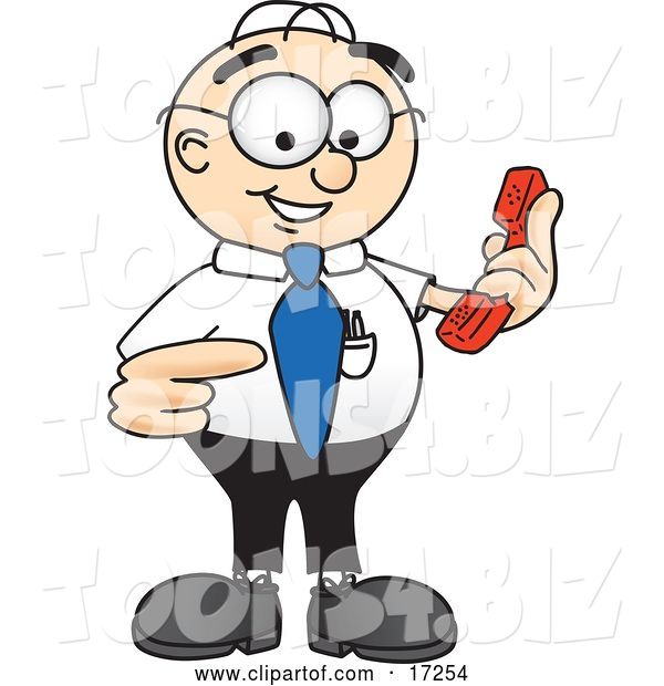 Vector Illustration of a Cartoon White Businessman Nerd Mascot Holding a Telephone