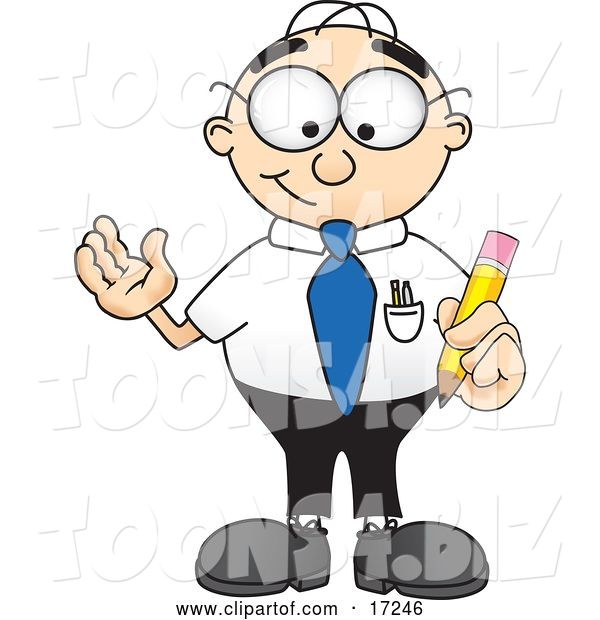 Vector Illustration of a Cartoon White Businessman Nerd Mascot Holding a Yellow Number 2 Pencil with an Eraser Tip