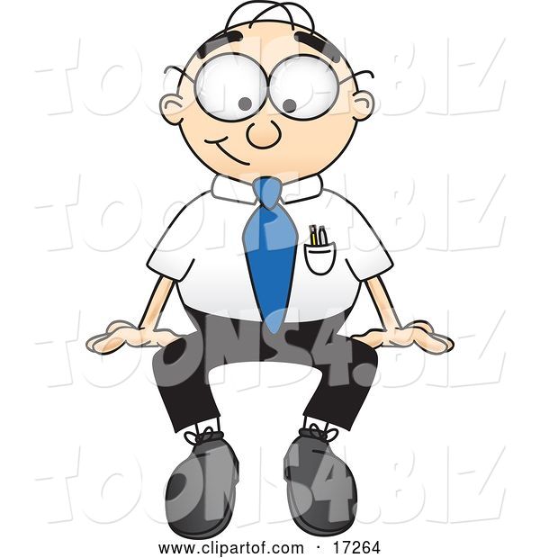 Vector Illustration of a Cartoon White Businessman Nerd Mascot Seated While Staring Forward