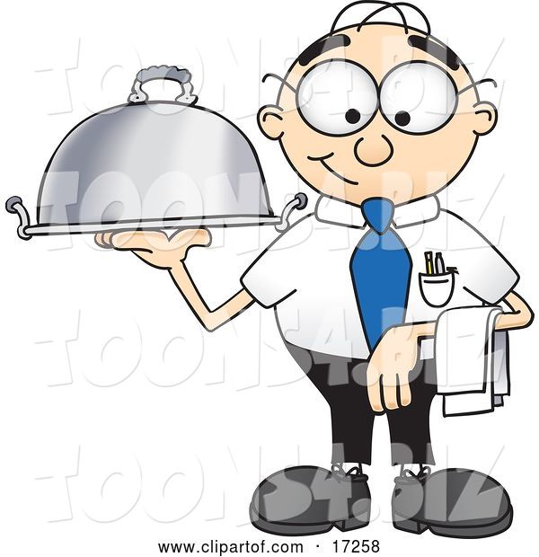 Vector Illustration of a Cartoon White Businessman Nerd Mascot Serving a Dinner Platter