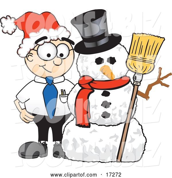 Vector Illustration of a Cartoon White Businessman Nerd Mascot with a Snowman on Christmas