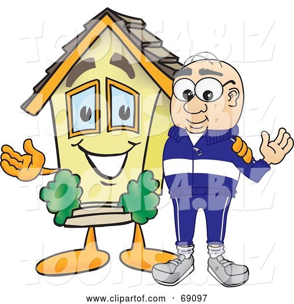 Vector Illustration of a Cartoon White Male Senior Citizen Mascot Beside a New House