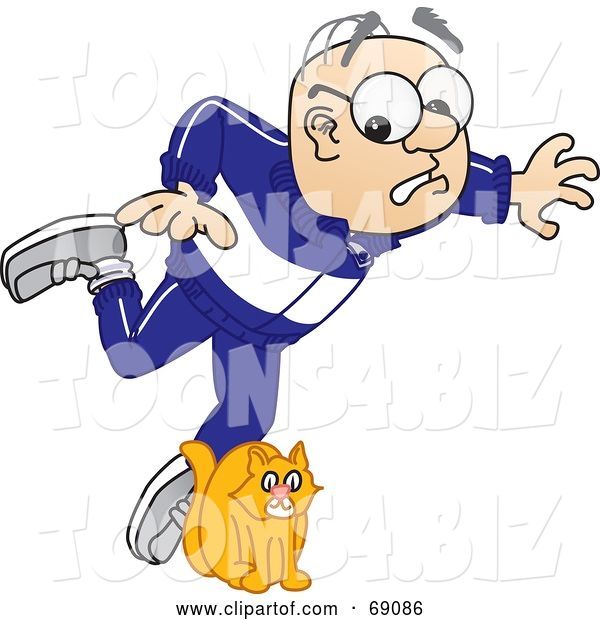 Vector Illustration of a Cartoon White Male Senior Citizen Mascot Tripping over a Cat