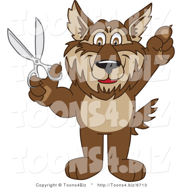 Vector Illustration of a Cartoon Wolf Mascot Holding Scissors